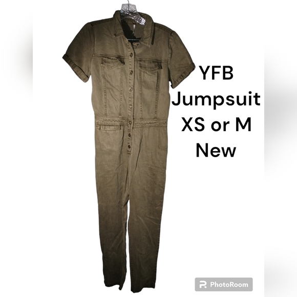 YFB Denim Jumpsuit XS or M Olive Button down s/s nwt - Picture 1 of 12